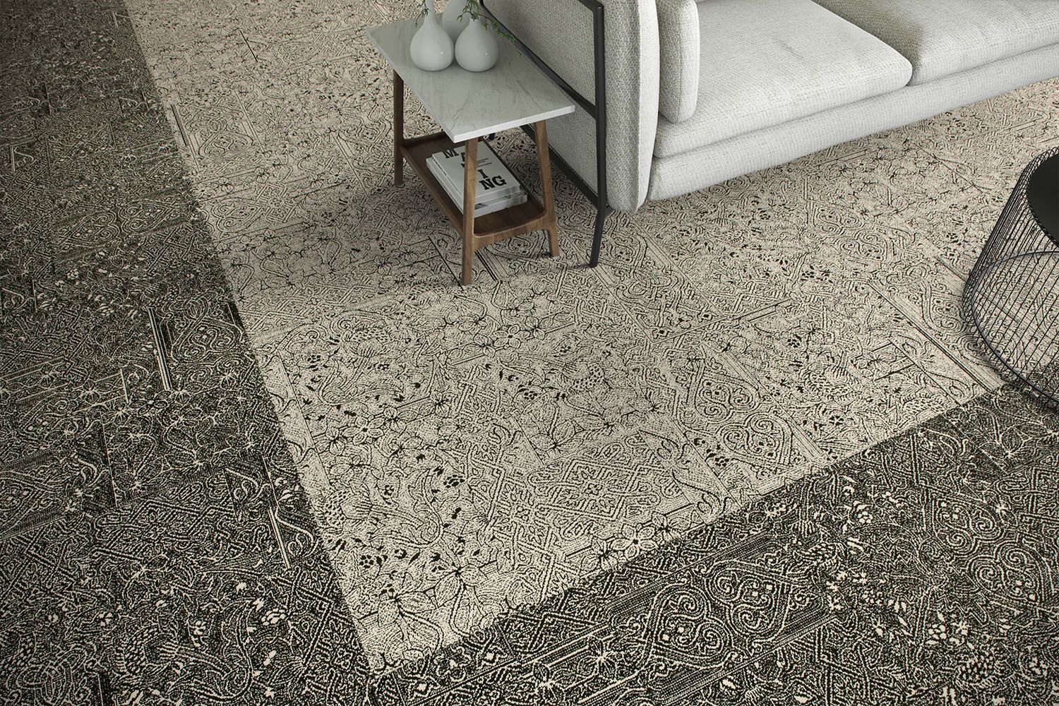 Detail of Interface DL924 and DL924N carpet tile with couch and end table with vases image number 6